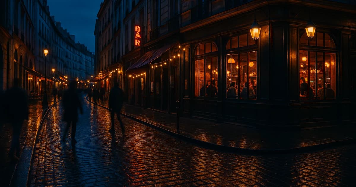 A lively European street after dark