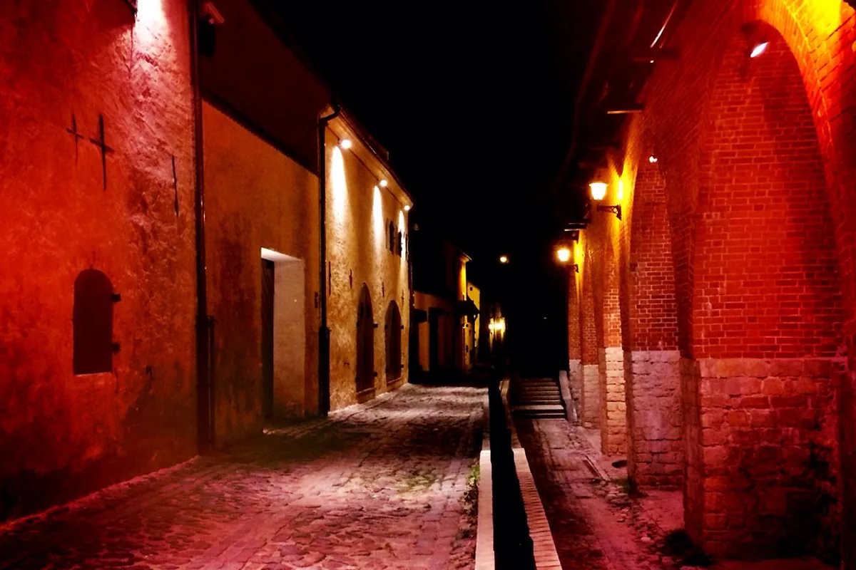 Cobblestone street in Riga's Old Town at dusk