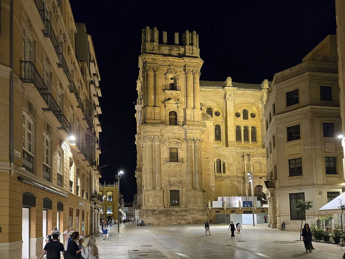 Malaga Cathedral floodlit above the rooftop bars of the old town at night — 2