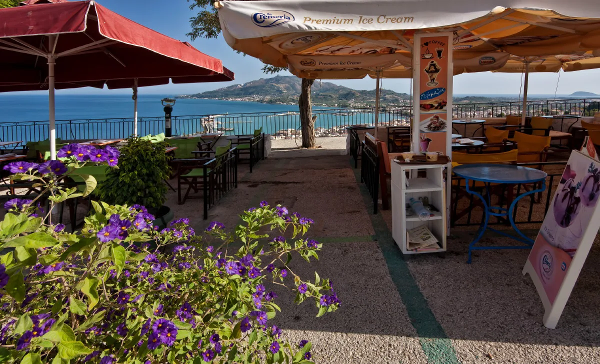 Solomos Square bars at dusk in Zakynthos Town, Greece — 1